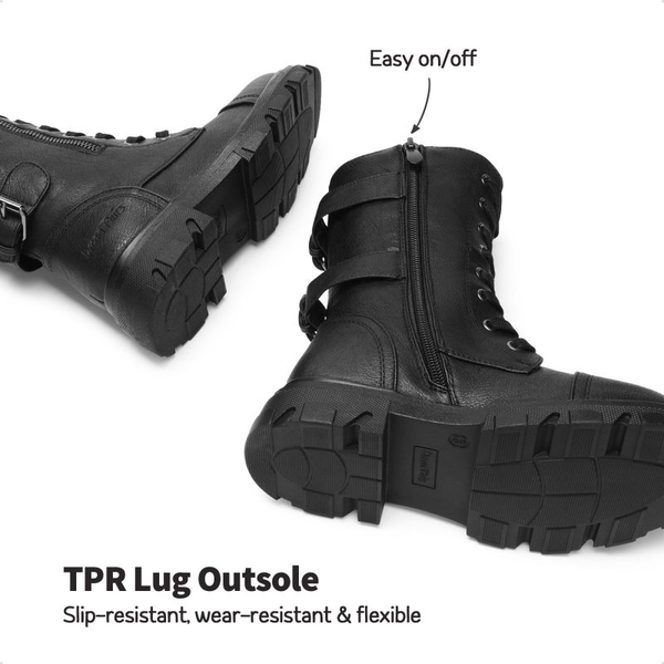 Girls Vegan Leather Combat Ankle Boots - BLACK - 3